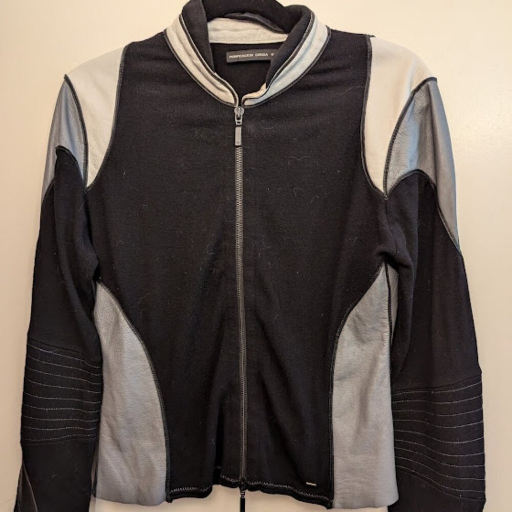 Womens Medium Jacket Grey & White leather and knit